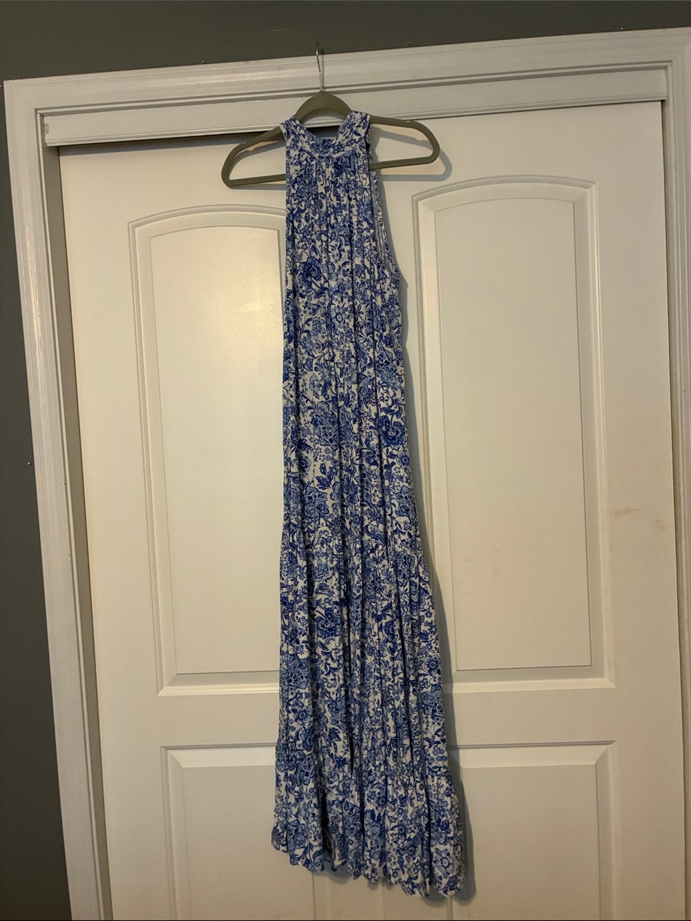 1. State Blue and White Printed Halter Maxi Dress
